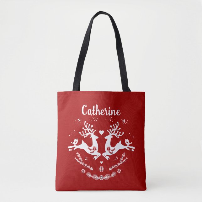 Cute Festive Scandi Red White Christmas Deer  Tote Bag (Front)