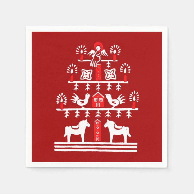 Cute Festive Scandi Red White Christmas Tree Napkin (Front)