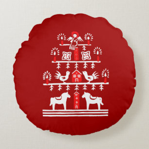 Cute Festive Scandi Red White Christmas Tree Round Pillow