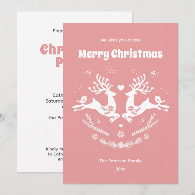 Cute Festive Scandi White Pink Christmas Deer  Invitation (Front/Back)