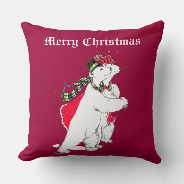 Cute Festive Skating Christmas Polar Bears Throw Pillow (Front)