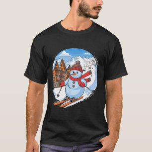 Cute Festive Snowman Downhill Skiing  T-Shirt