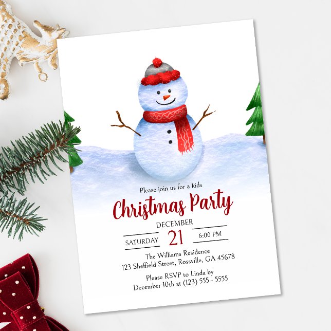 Cute Festive Snowman Kids Christmas Party Invitation (Infuse your kids' Christmas party invitation with a dash of holiday magic with this adorable design.)