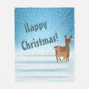Cute Festive Snowy Christmas Reindeer Personalized Fleece Blanket