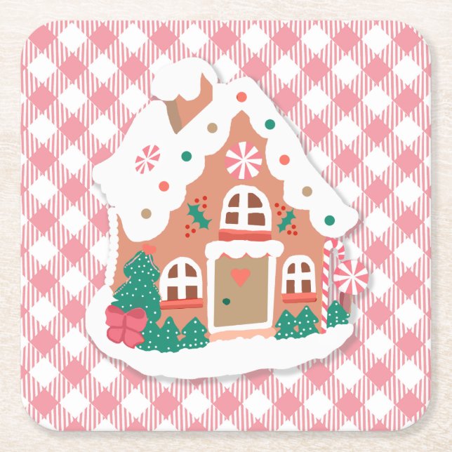 Cute Festive Snowy Pink Gingerbread House Gingham Square Paper Coaster (Front)