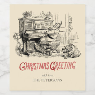 Cute Festive Vintage Victorian Santa with Piano Wine Label