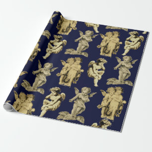 Cute Festive Vintage Winged Cherub Angels Navy Wrapping Paper