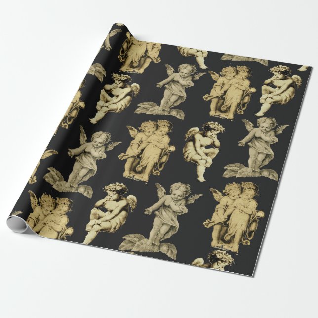 Cute Festive Vintage Winged Cherub Angels Wrapping Paper (Unrolled)