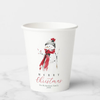 Cute Festive Watercolor Snowman Merry Christmas Paper Cups