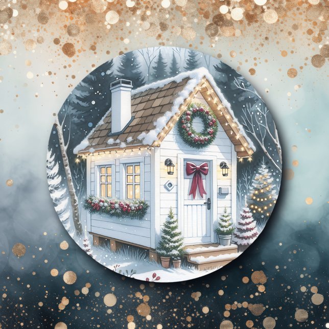 Cute Festive White Tiny Home Christmas Classic Round Sticker (Creator Uploaded)