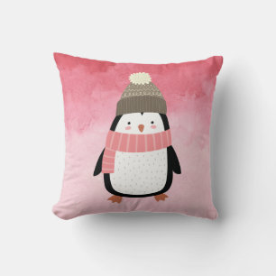 Cute Festive Winter Penguin Throw Pillow