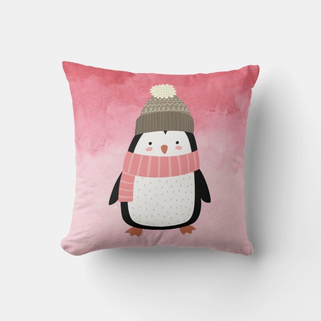 Cute Festive Winter Penguin Throw Pillow (Front)