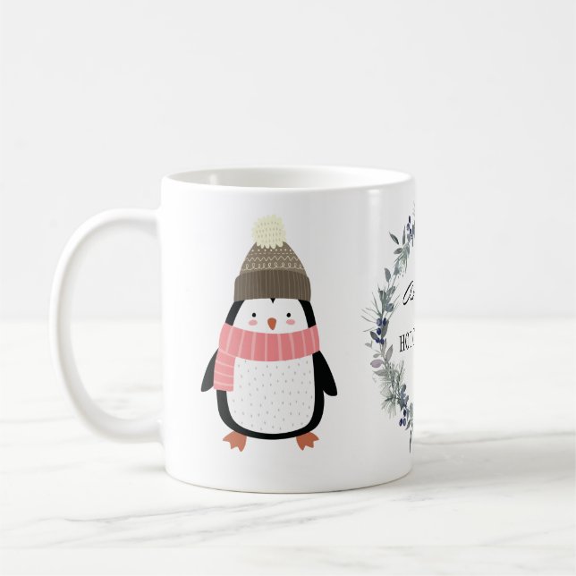 Cute Festive  wreath and penguin personalized  Coffee Mug (Left)