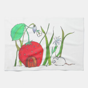 cute field mouse and big red strawberry house kitchen towel