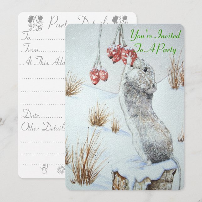 Cute field mouse eating berries snowscene wildlife invitation (Front/Back)