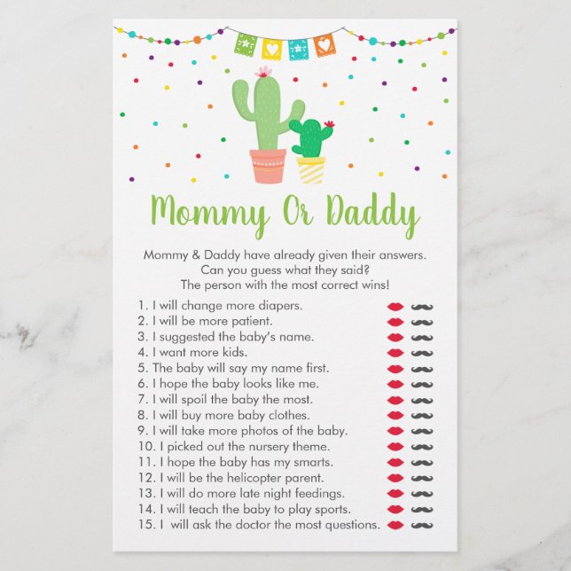 Cute Fiesta Cactus Guess Who Said It Shower Game (Front)