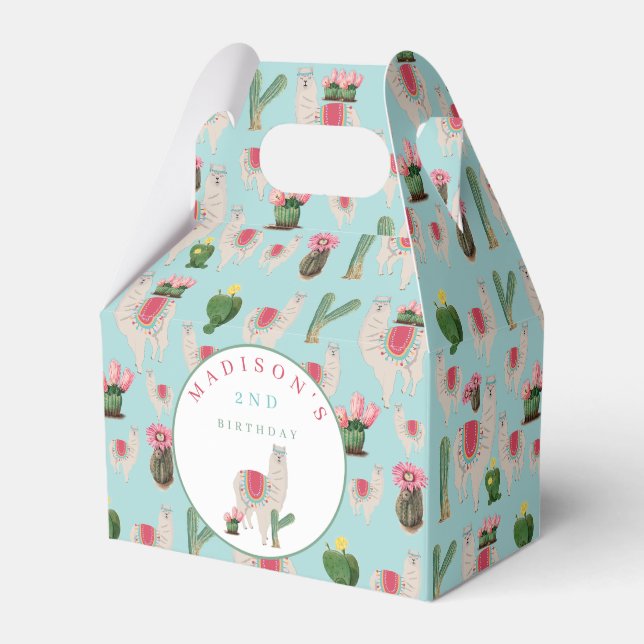 Cute Fiesta Llama & Cactus Kids Birthday Favor Box (Front Side)