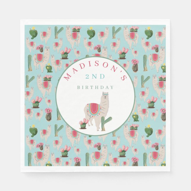 Cute Fiesta Llama & Cactus Kids Birthday  Napkin (Front)