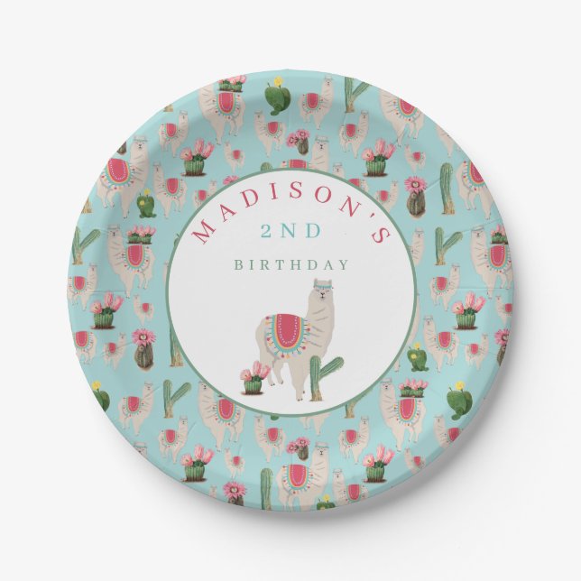 Cute Fiesta Llama & Cactus Kids Birthday  Paper Plate (Front)