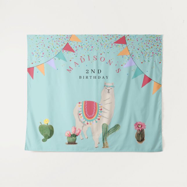 Cute Fiesta Llama & Cactus Kids Birthday  Tapestry (Front (Horizontal))