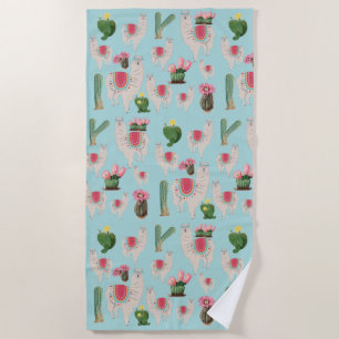 Cute Fiesta Llama & Cactus Pattern Beach Towel