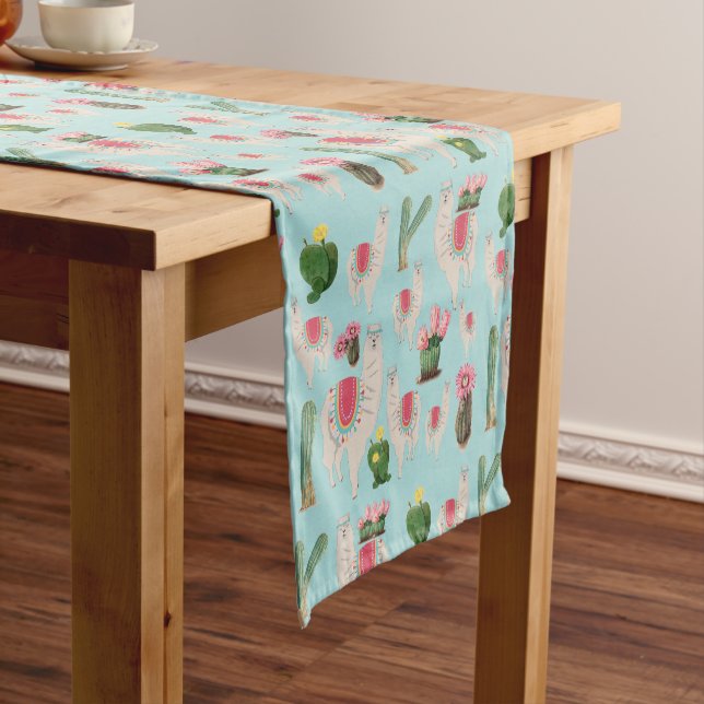 Cute Fiesta Llama & Cactus Pattern Short Table Runner (In Situ)