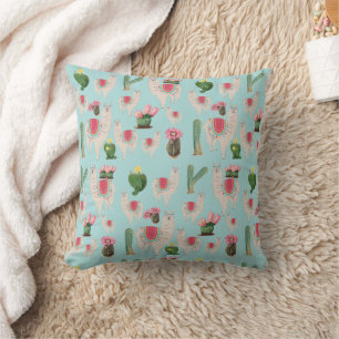 Cute Fiesta Llama & Cactus Pattern Throw Pillow