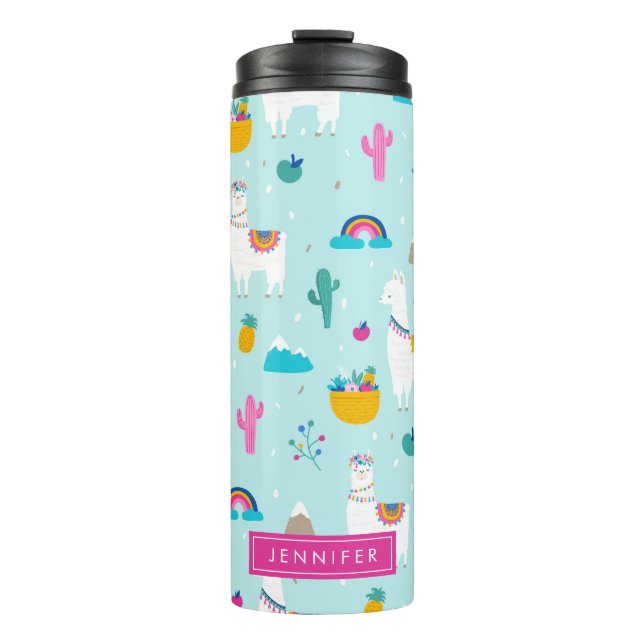 Cute Fiesta Llamas with Rainbows Personalized Thermal Tumbler (Front)