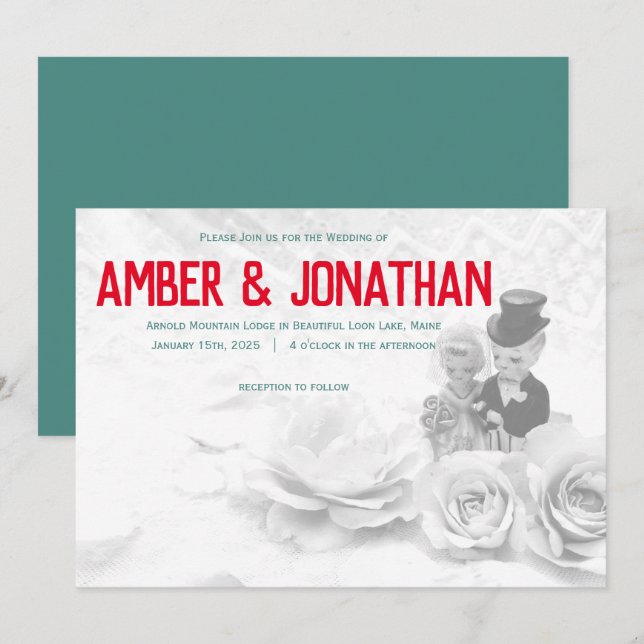 cute figurines and lace wedding invitation (Front/Back)