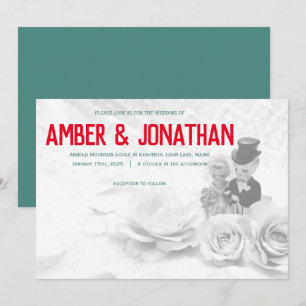 cute figurines and lace wedding invitation