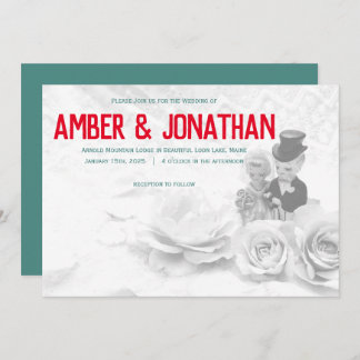 cute figurines and lace wedding invitation