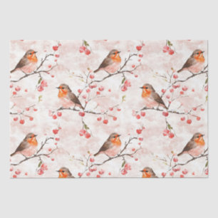 Cute finch bird on snowy winter tree & red berries tissue paper