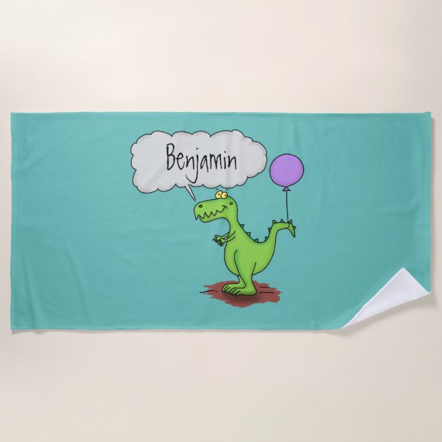 Cute fire breathing green funny dragon cartoon beach towel (Front)