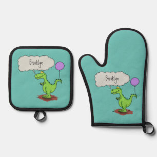 Cute fire breathing green funny dragon cartoon oven mitt & pot holder set