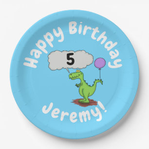 Cute fire breathing green funny dragon cartoon paper plate