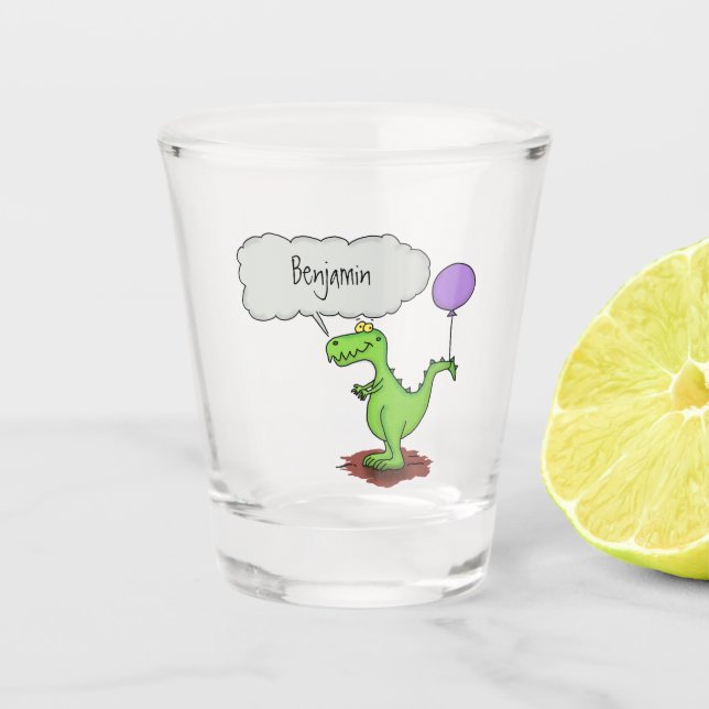 Cute fire breathing green funny dragon cartoon shot glass (Front)