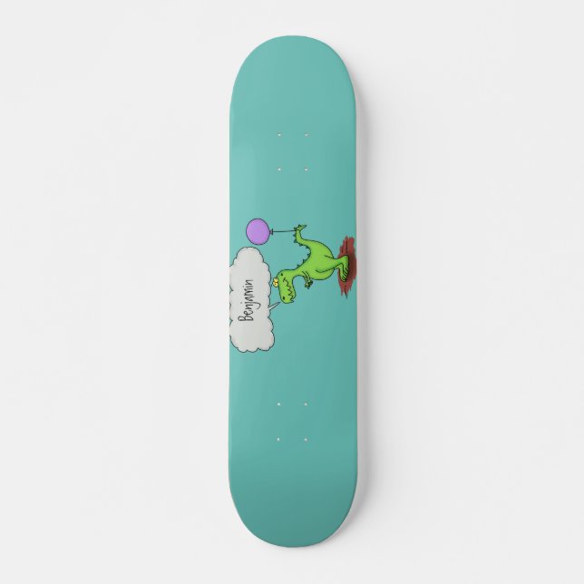 Cute fire breathing green funny dragon cartoon skateboard (Front)