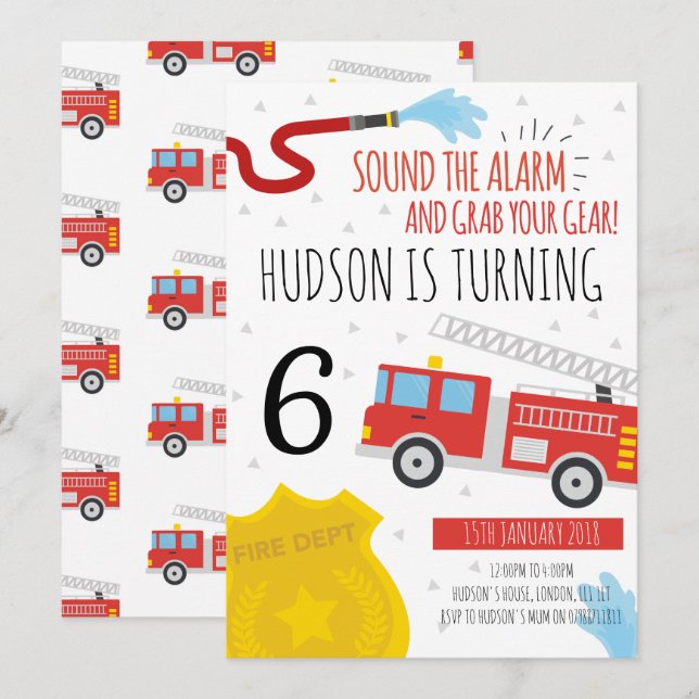 Cute Fire Engine Birthday Party Invitation (Front/Back)