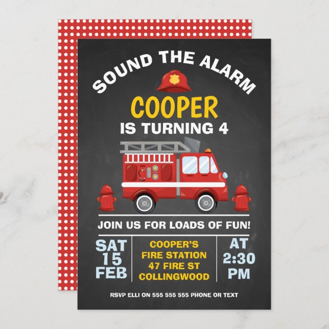 Cute Fire Engine Chalkboard Birthday Invitation (Front/Back)