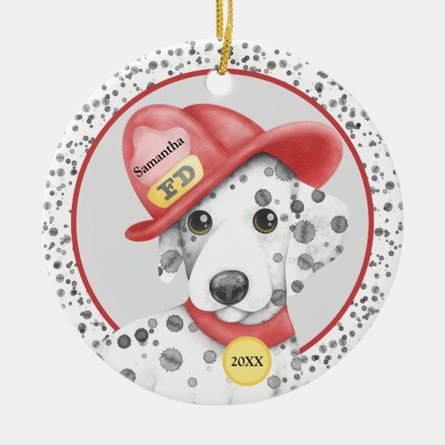 Cute Fire Fighter Dalmatian Puppy Personalized Ceramic Ornament (Front)