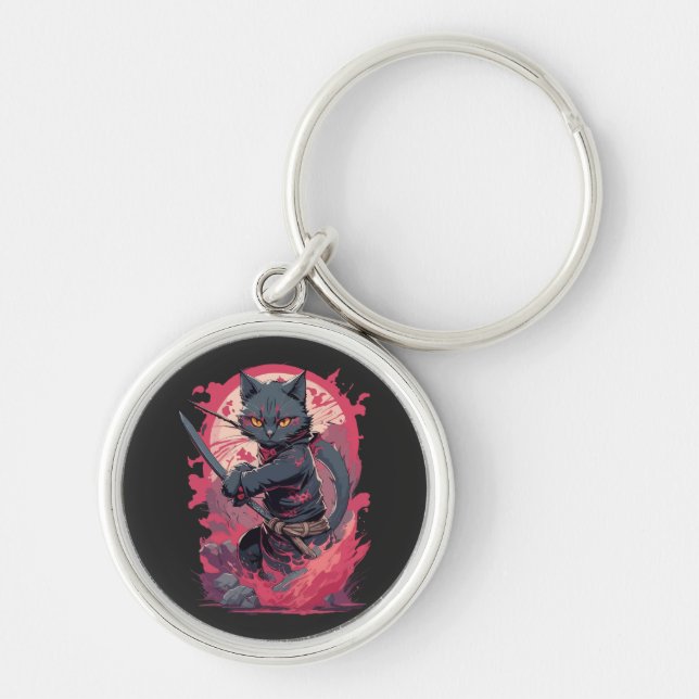Cute Fire Splash Black Ninja Cat Warrior Keychain (Front)