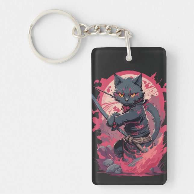 Cute Fire Splash Black Ninja Cat Warrior Keychain (Front)