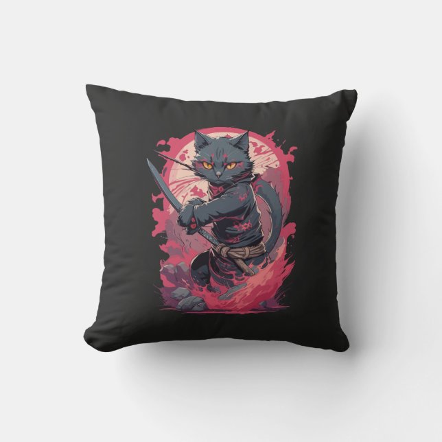 Cute Fire Splash Black Ninja Cat Warrior Throw Pillow (Front)