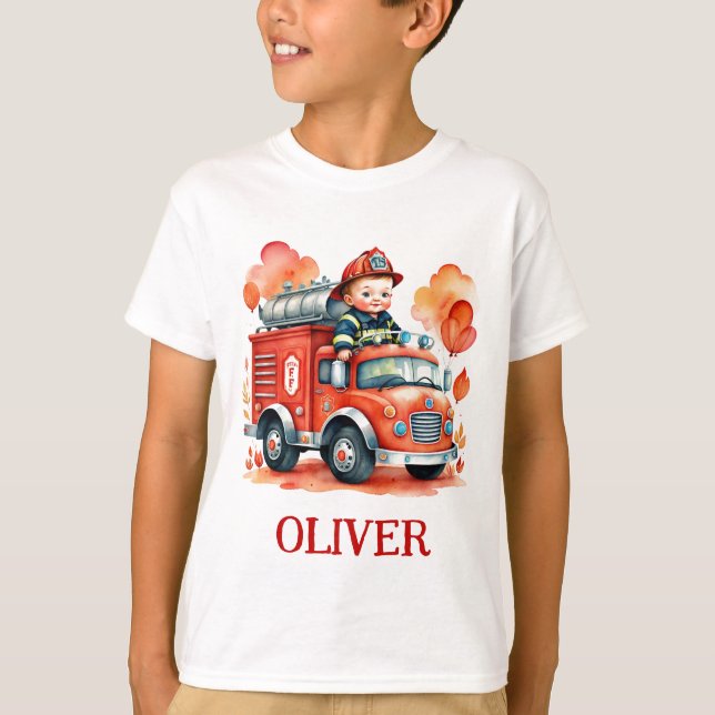 Cute Fire Truck and Firefighter T-Shirt (Front)