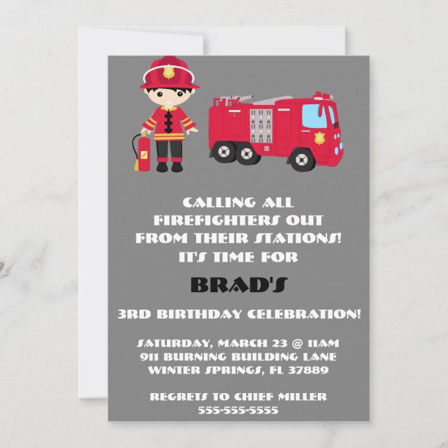 Cute Fire Truck Engine Birthday Party Invitation (Front)