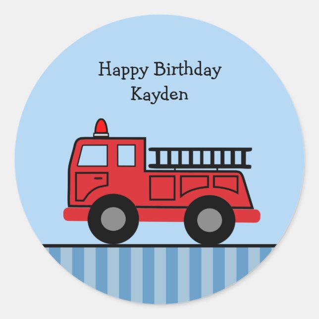 Cute Fire Truck Personalized Birthday Boy Classic Round Sticker (Front)