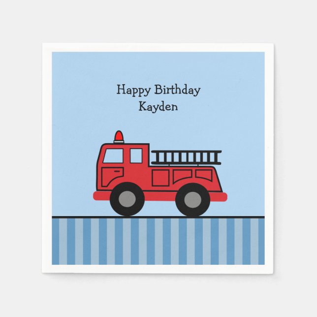 Cute Fire Truck Personalized Birthday Napkin (Front)