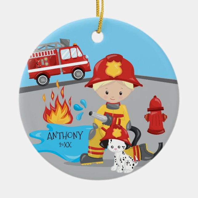 Cute Firefighter Blonde Boy Christmas Ceramic Ornament (Front)