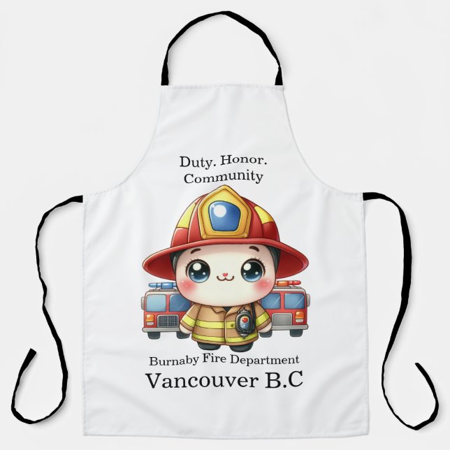 Cute firefighter with emergency vehicles apron (Front)