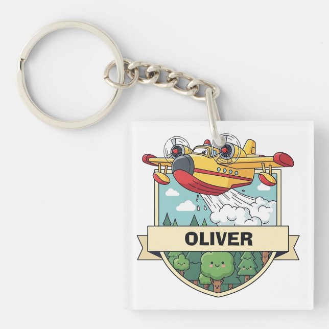 Cute Firefighting Plane Badge Keychain (Front)